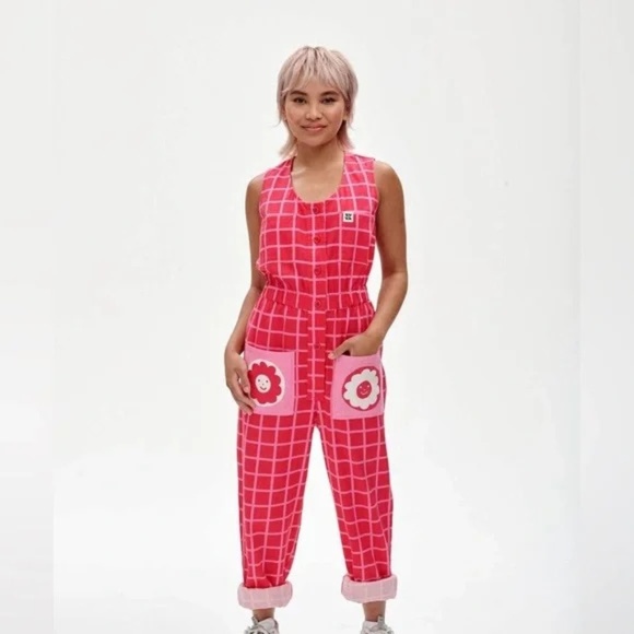 Lucy & Yak Jumpsuit Button Sz XS Sleeveless Flower Geometric Pink Pockets - Picture 2 of 15